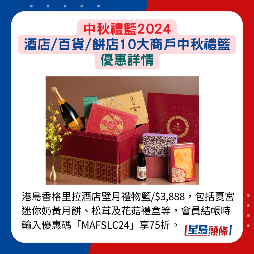 港島香格里拉酒店壁月禮物籃/$3,888，包括夏宮迷你奶黃月餅、松茸及花菇禮盒等，會員結帳時輸入優惠碼「MAFSLC24」享75折。