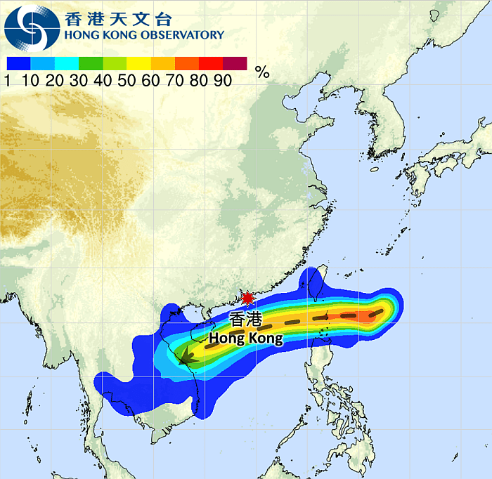 概率预报图，图中箭嘴显示该热带气旋较可能的移动路径。