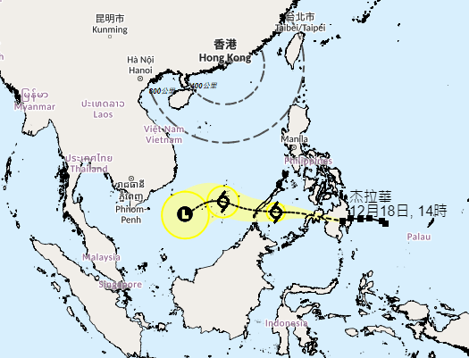 热带气旋杰拉华会在未来两三日横过菲律宾南部及南海南部。惟按天文台预测路径，杰拉华对本港威胁不大。天文台网站截图