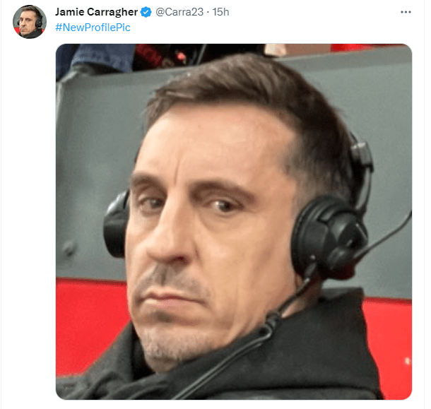 利物浦名宿加歷查(Jamie Carragher)跟「加里佬」同框做節目，賽後更將「加里佬」的“憂鬱厭世樣”設定為其社交媒體頭像。網上圖片