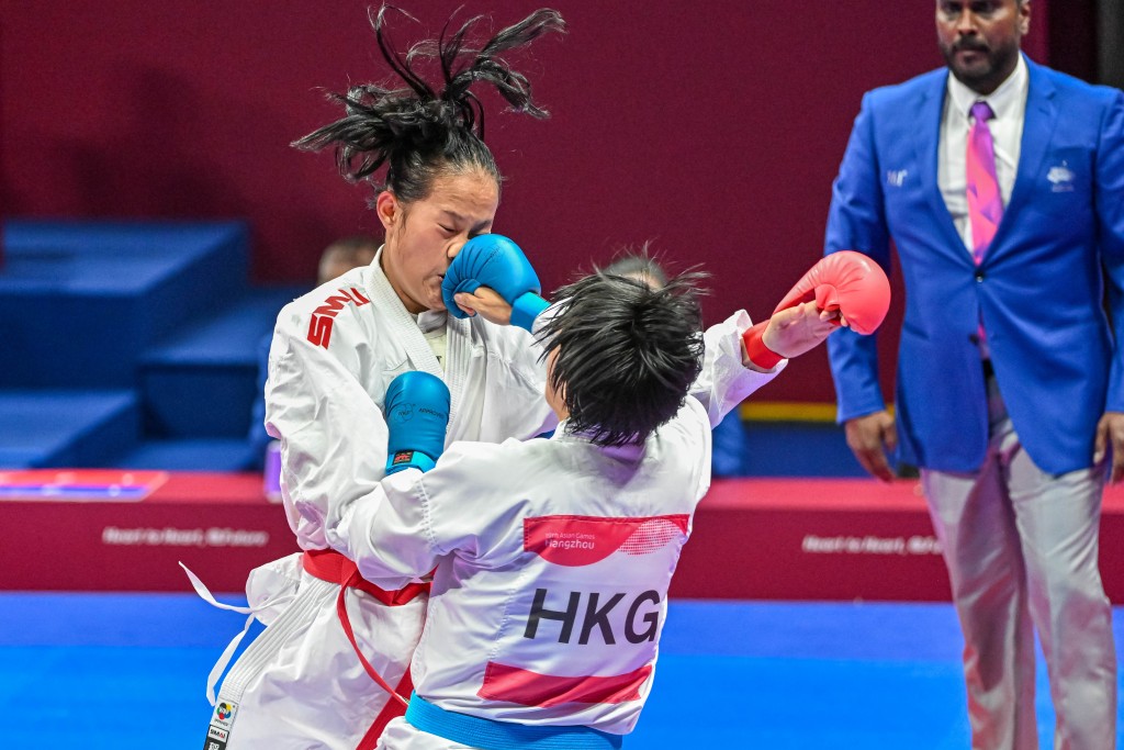 何佳恩在空手道女子組手銅牌戰不敵日本選手澤江優月，無緣獎牌。港協暨奧委會圖片