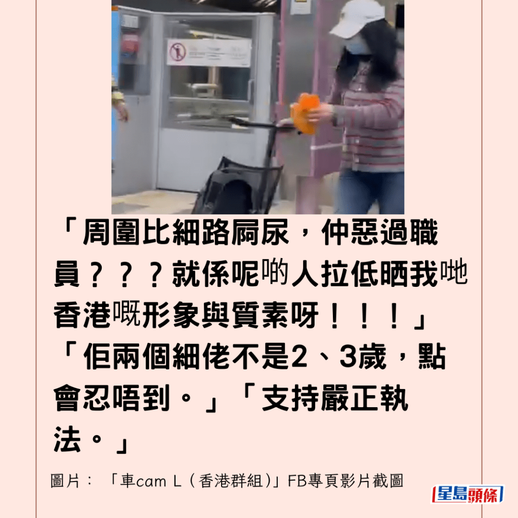  「周圍比細路屙尿，仲惡過職員？？？就係呢啲人拉低晒我哋香港嘅形象與質素呀！！！」「佢兩個細佬不是2、3歲，點會忍唔到。」「支持嚴正執法。」