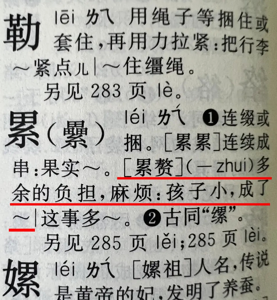 字典內，列出「累贅」的造句例子「孩子小，成了~」。
