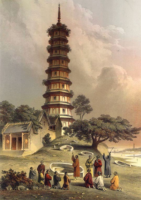 琶洲塔──1853年繪製的「黃埔塔」和海鱉寺。（維基百科圖片）