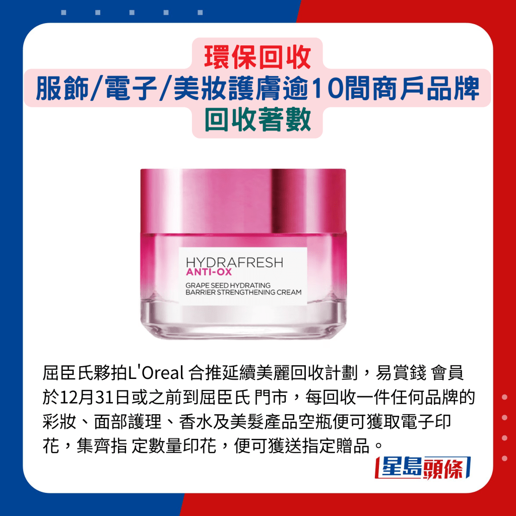 屈臣氏夥拍L'Oreal 合推延续美丽回收计划，易赏钱 会员于12月31日或之前到屈臣氏 门市，每回收一件任何品牌的彩妆、面部护理、香水及美发产品空瓶便可获取电子印花，集齐指 定数量印花，便可获送指定赠品。