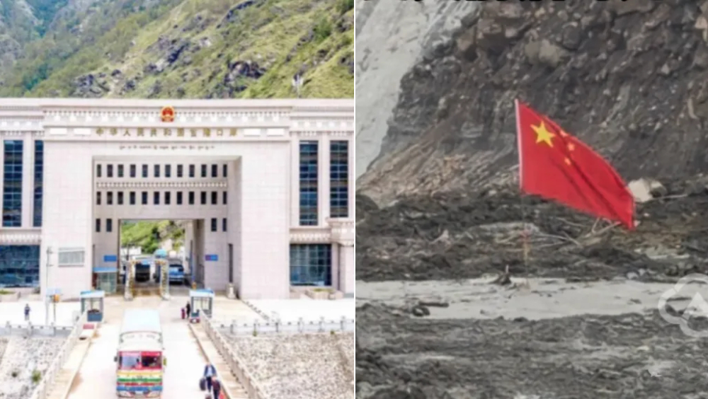 吉隆口岸聯檢大樓受災前後對比。（國旗位置是災後吉隆口岸聯檢大樓） 九派新聞