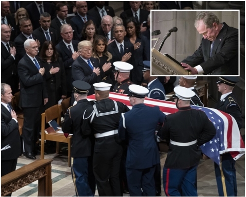 乔治布殊致悼词时语带激动一度哽咽。AP 