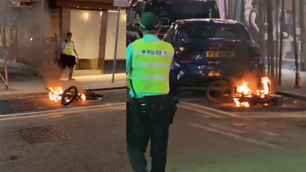 一輛電動單車於尖沙咀加拿分道近碧仙桃路突然起火自焚。網上片段截圖