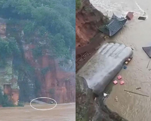 四川岷江水位暴漲，洪水浸沒樂山大佛腳趾。(網圖)