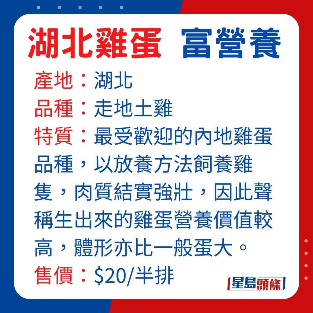 特質：最受歡迎的內地雞蛋品種，以放養方法飼養，雞隻有足夠運動量，肉質結實及強壯，因此聲稱生出來的雞蛋營養價值較高，體形亦比一般蛋大。