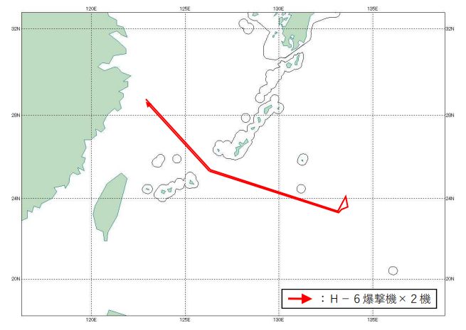 2架轰-6飞行路线。日本防卫省