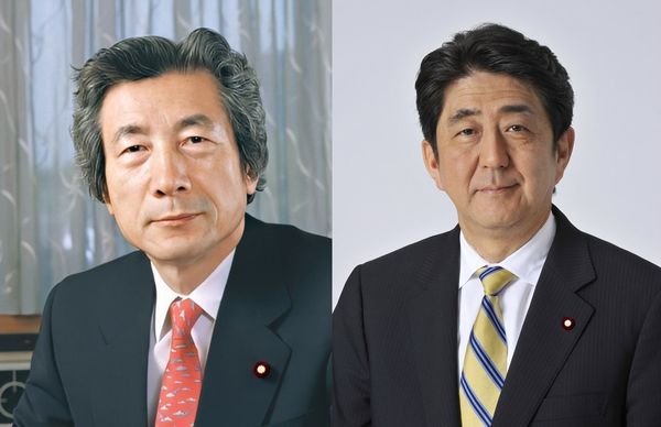 安倍晋三（右）曾证实，前首相森喜朗曾在公邸遇鬼，而小泉纯一郎（左）在入住公邸前曾请来神社的神官举行驱魔仪式。 维基网站