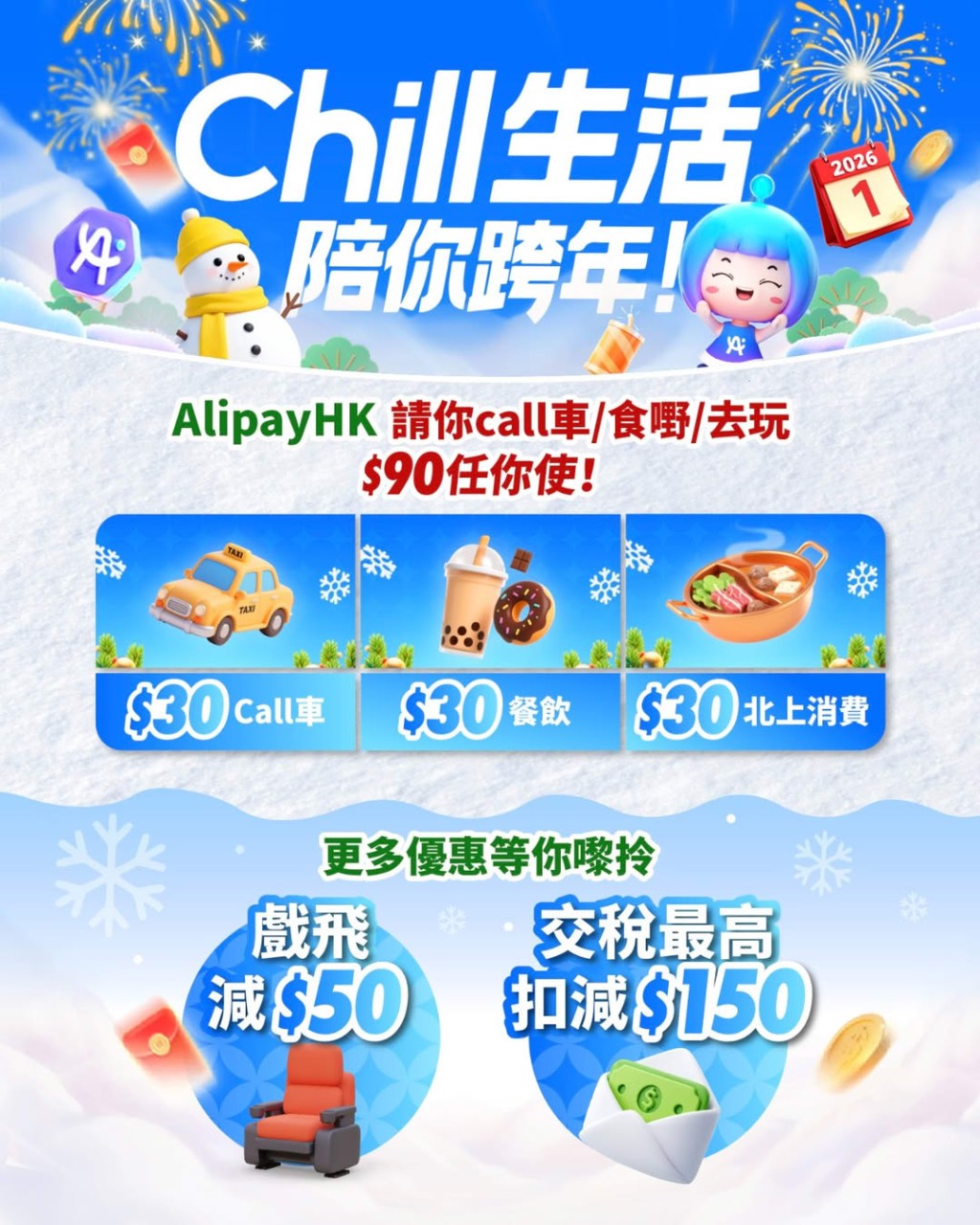 AlipayHK 3大年终赏！交通/娱乐/交税/北上消费优惠 最高减$150