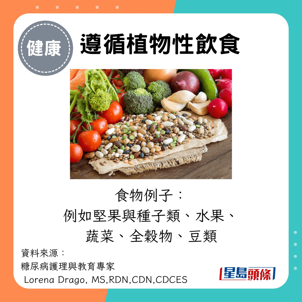 遵循植物性饮食：食物例子： 例如坚果与种子类、水果、 蔬菜、全谷物、豆类