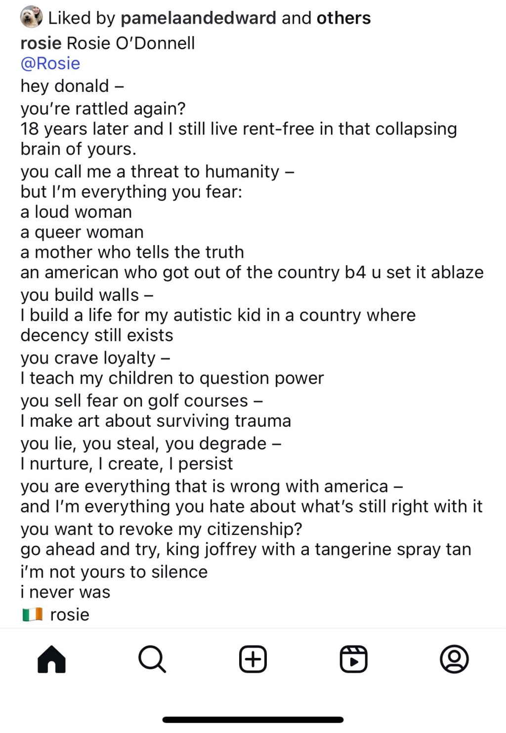 露丝奥当奴回应特朗普,称自己是特朗普“最怕的”各种身份综合体。 Instagram 露丝奥当奴回应特朗普,称自己是特朗普“最怕的”各种身份综合体。 Instagram