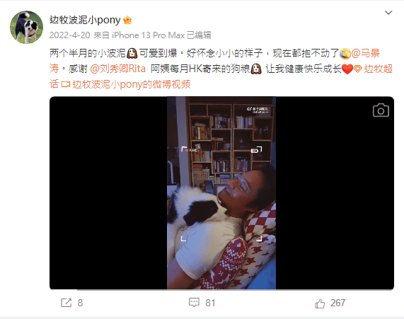 微博帐号「边牧波泥小pony」亦曾贴出马景涛在家中玩狗的影片。