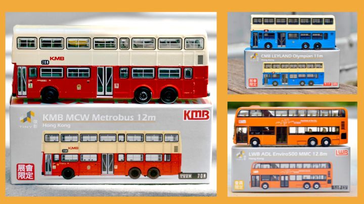 Tiny微影香港玩具及模型品牌帶來只限場內發售的迷你巴士模型，包括九巴首架MCW、中巴標準色奧林比安，以及龍運出牌版ADL E500等，售價由$99至$110。（圖片源自Tiny微影香港玩具及模型品牌facebook專頁）
