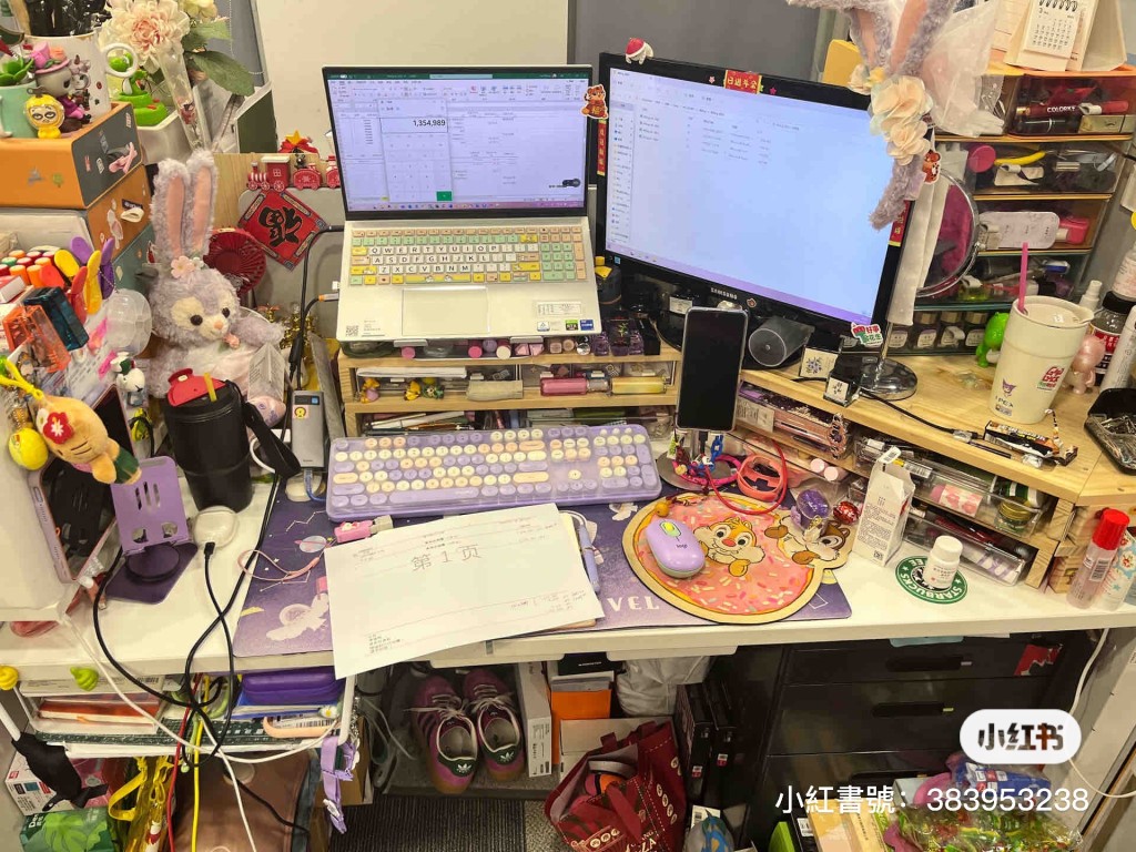 網民分享混亂而整齊辦公桌。（圖片來源：小紅書@Susi紫魅蛇影油酥酥）