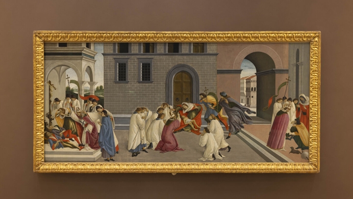 另一幅展出作品為桑德羅．波提切利（約 1445–1510 年）的《聖芝 諾比烏斯的三個奇蹟》（約 1500 年）。