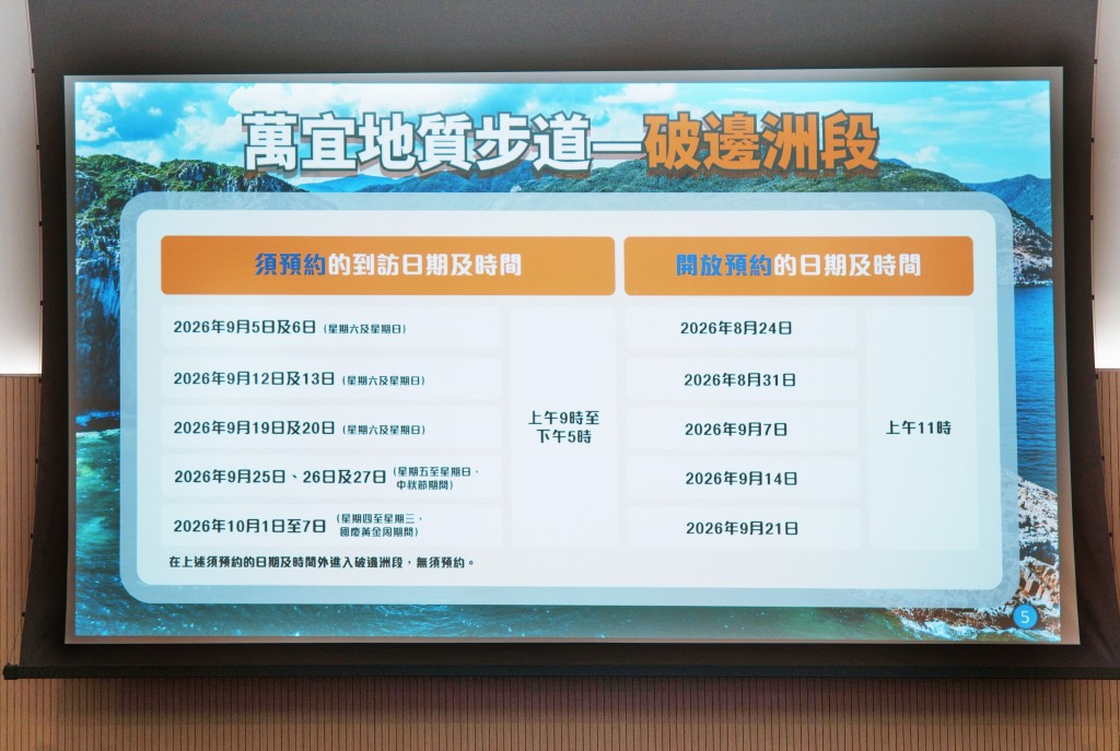 上午9時至下午5時進入破邊洲段必須預約。 上午9時至下午5時進入破邊洲段必須預約。