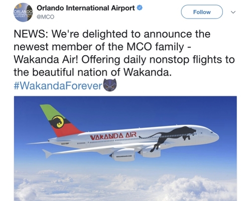 佛州奧蘭多國際機場在Twitter發佈一幅圖片,見到一架飛機上面有「瓦干達航空」字樣和一隻黑豹的標誌。AP