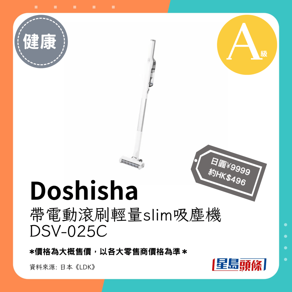 A级 第5位（3.84分）：Doshisha 配备电动地刷的轻量吸尘机 Slim DSV-025C（日圆¥9999，约HK$496）