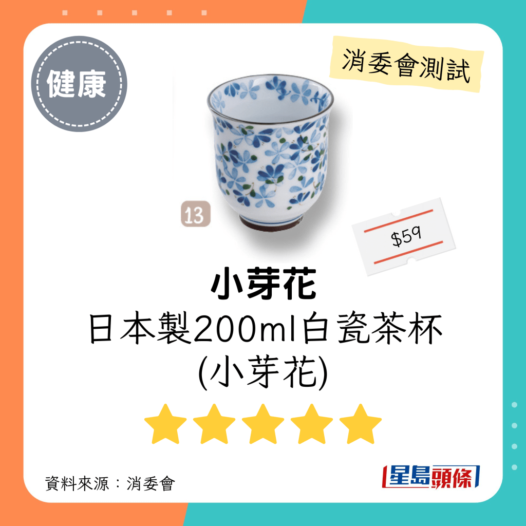 消委會陶瓷餐具測試 5星推介名單｜「小芽花」日本製200ml白瓷茶杯(小芽花)。