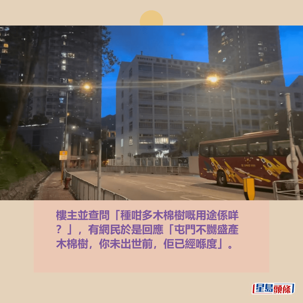 樓主並查問「種咁多木棉樹嘅用途係咩 ?」,有網民於是回應「屯門不嬲盛產 木棉樹,你未岀世前,佢已經喺度」。fb「真.屯門友」截圖 樓主並查問「種咁多木棉樹嘅用途係咩 ?」,有網民於是回應「屯門不嬲盛產 木棉樹,你未岀世前,佢已經喺度」。fb「真.屯門友」截圖