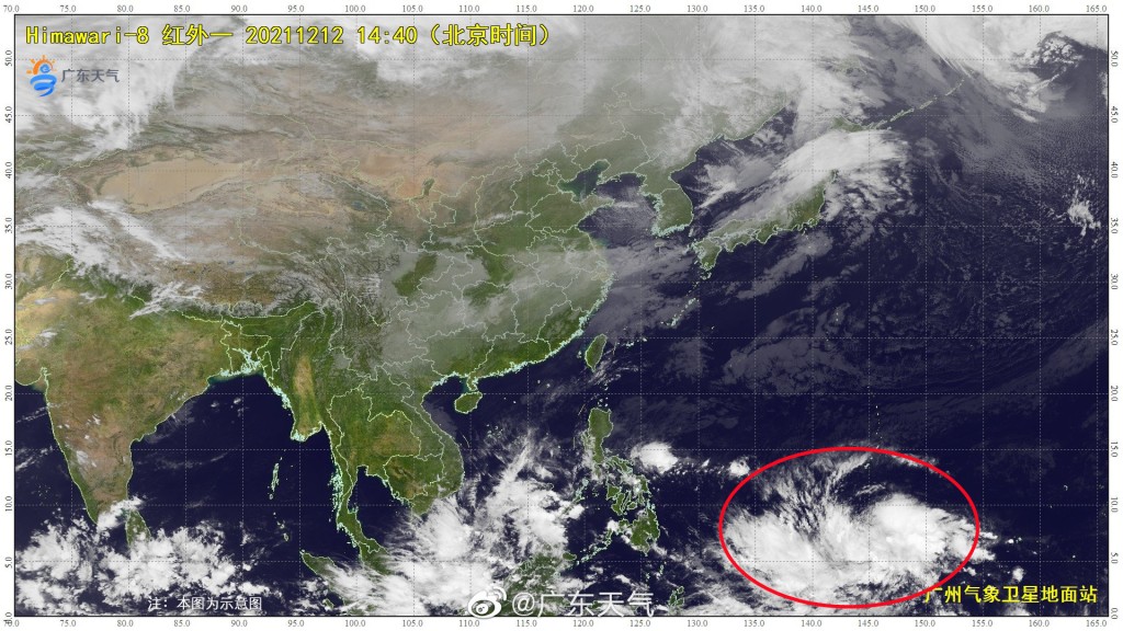 廣東氣象台指，菲律賓東南方近赤道洋面，有一團熱帶雲團在發展，有可能加強為今年第22號風暴「雷伊」。網上圖片