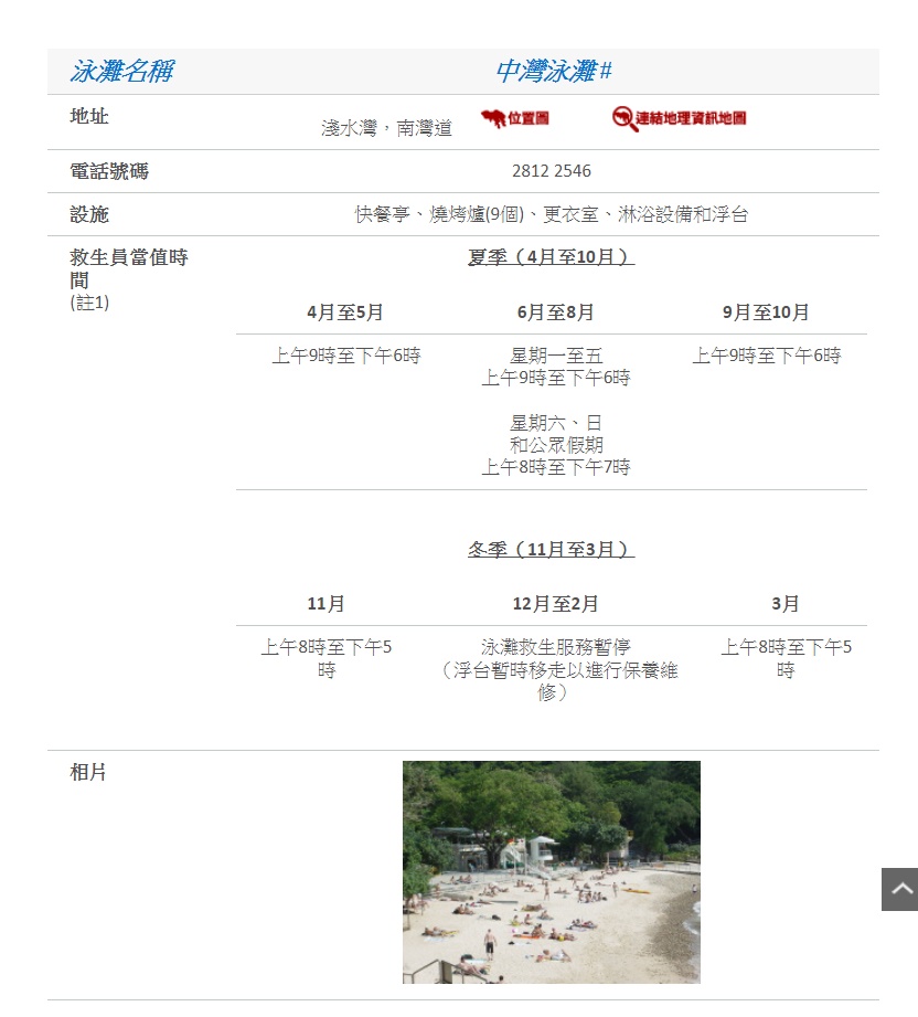 康民署網頁介紹中灣泳灘。網上截圖