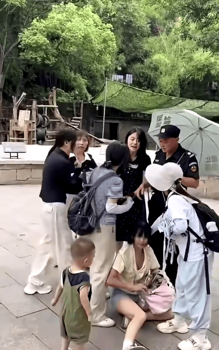 因被制止對熟睡大熊貓嚎叫,「野蠻家族」圍毆出言女子(黃衫、倒地者),保安到處未能控制場面。 因被制止對熟睡大熊貓嚎叫,「野蠻家族」圍毆出言女子(黃衫、倒地者),保安到處未能控制場面。