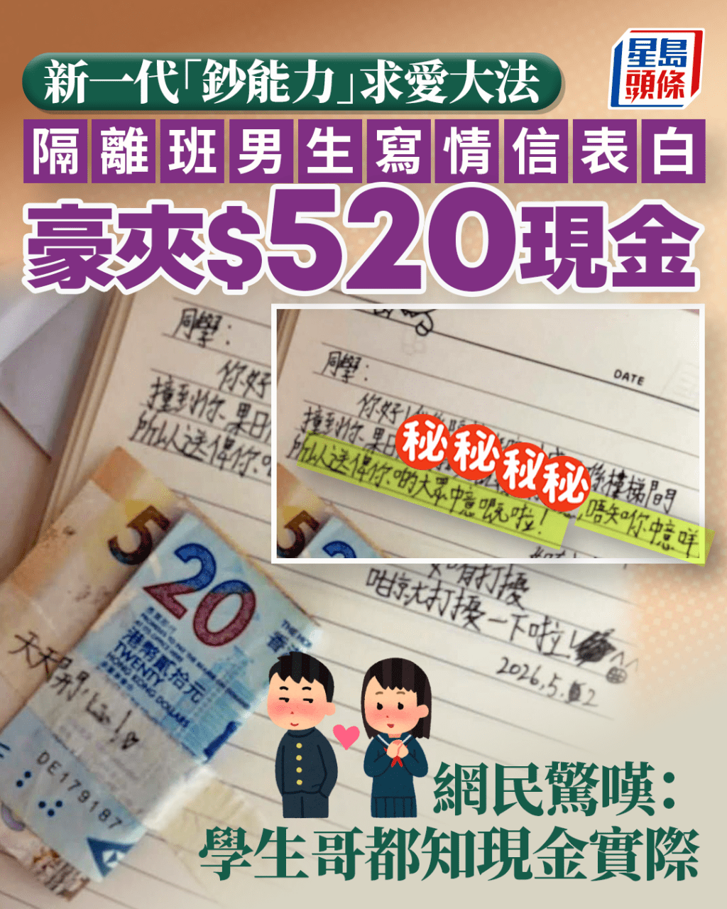 新一代「鈔能力」求愛大法 隔離班男生寫情信表白豪夾$520現金 網民驚嘆:學生哥都知現金實際|Juicy叮 新一代「鈔能力」求愛大法 隔離班男生寫情信表白豪夾$520現金 網民驚嘆:學生哥都知現金實際|Juicy叮