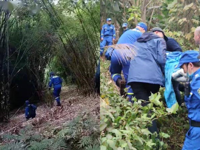 救援人員合力將潘婆婆抬下山。網圖