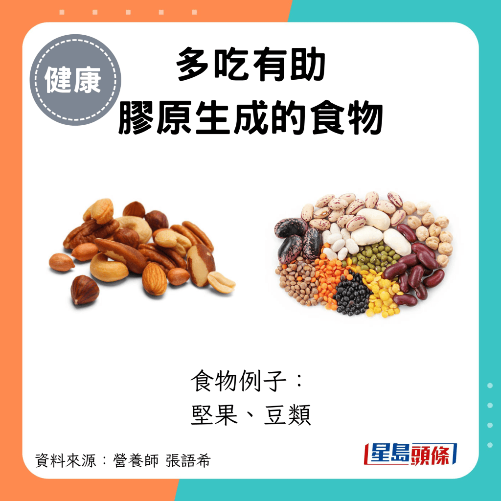 多吃有助 膠原生成的食物：食物例子： 堅果、豆類