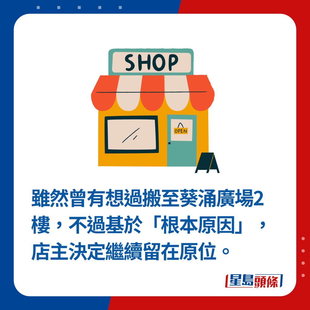 雖然曾有想過搬至葵涌廣場2樓，不過基於「根本原因」，店主決定繼續留在原位。