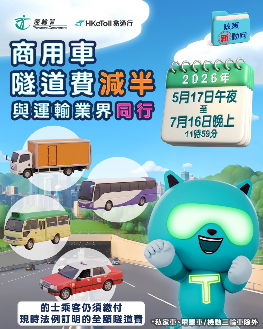 政府周日(17日)起推出措施,商用車輛駛包括巴士、貨車、小巴和的士經政府收費隧道及青沙管制區的隧道費減半,為期兩個月。Agent T FB圖片 政府周日(17日)起推出措施,商用車輛駛包括巴士、貨車、小巴和的士經政府收費隧道及青沙管制區的隧道費減半,為期兩個月。Agent T FB圖片