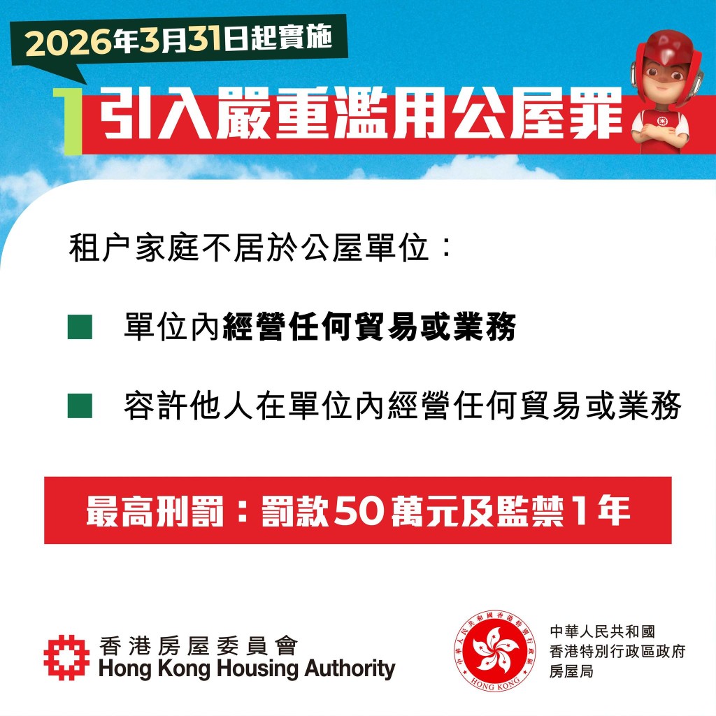 打擊濫用公屋新法例。房屋局FB
