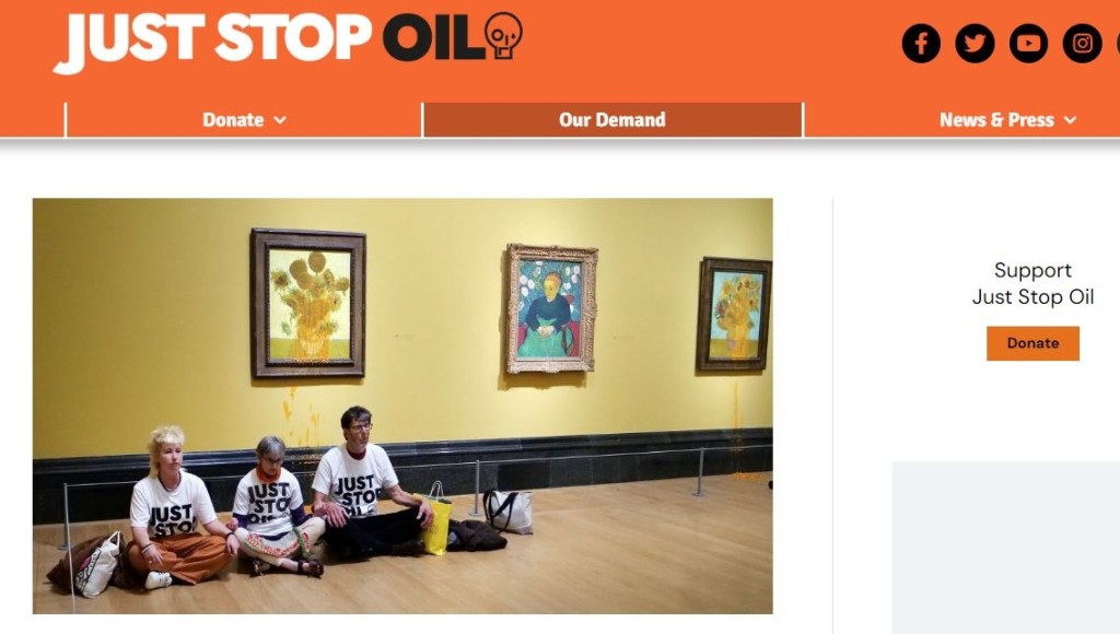 「Just Stop Oil」組織成員今日再次向梵高的「向日葵」潑湯。　「Just Stop Oil」網站