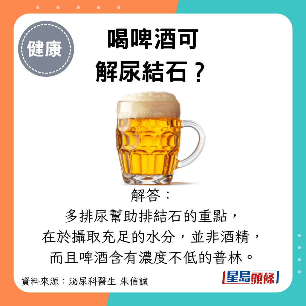 喝啤酒可 解尿结石？解答： 多排尿帮助排结石的重点， 在于摄取充足的水分，并非酒精， 而且啤酒含有浓度不低的普林。