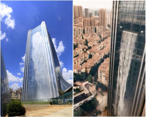 人造瀑布傾流而下途人路過無不嘆為觀止。