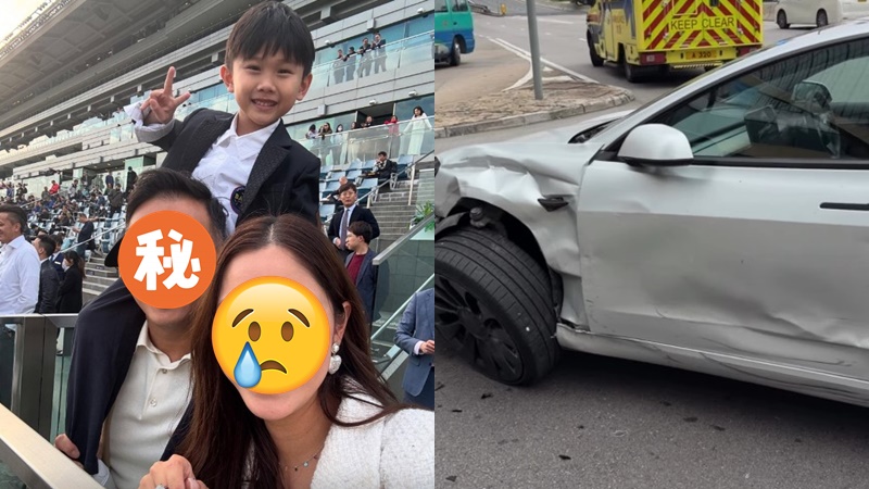 《同事三分親》女星富商老公尖沙咀大炒車  Tesla座駕遭攔腰猛撞損毀嚴重  救護車趕到急送院