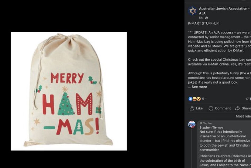 澳洲猶太協會在社交平台X上發文，並且附上出事的Kmart火腿袋，要求把商品下架。網上圖片