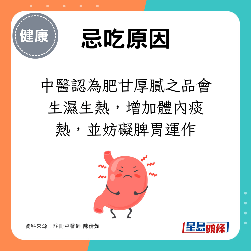 中医认为肥甘厚腻之品会生湿生热，增加体内痰热，并妨碍脾胃运作