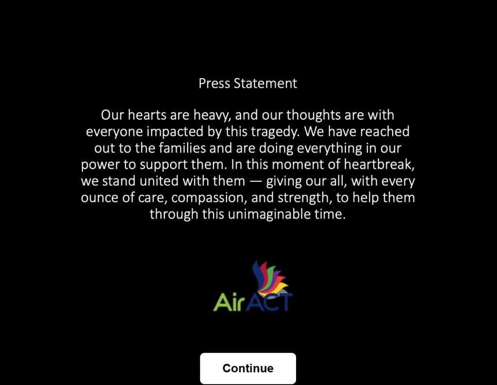 Air ACT今日(22日)再在官網發聲明,表示已經聯繫死者家屬。Air ACT官網截圖 Air ACT今日(22日)再在官網發聲明,表示已經聯繫死者家屬。Air ACT官網截圖
