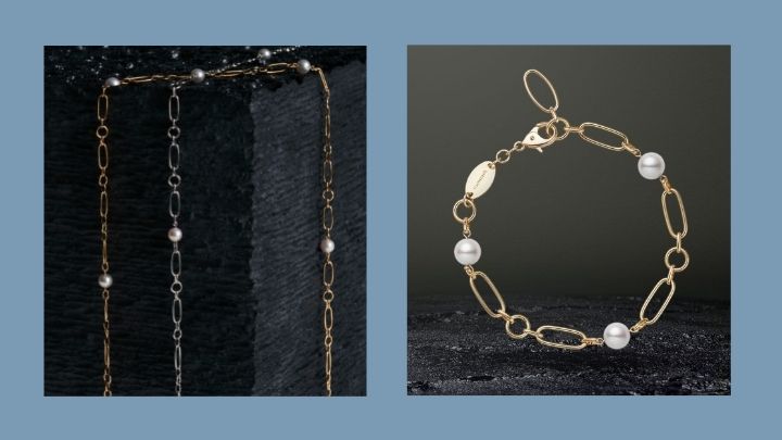 M Coce系列墜鏈和手鏈，採用日本Akoya珍珠配以18K黃金和白金打造。