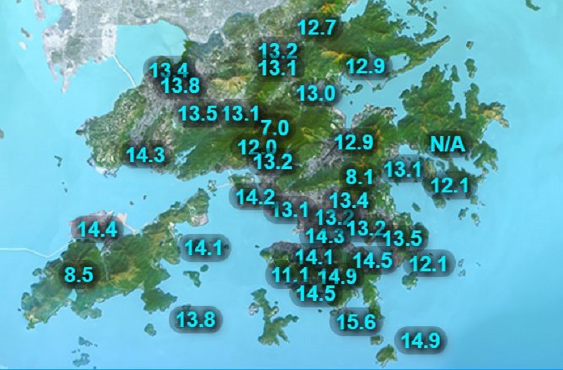 11月23日的本港最低溫度分佈圖。天文台