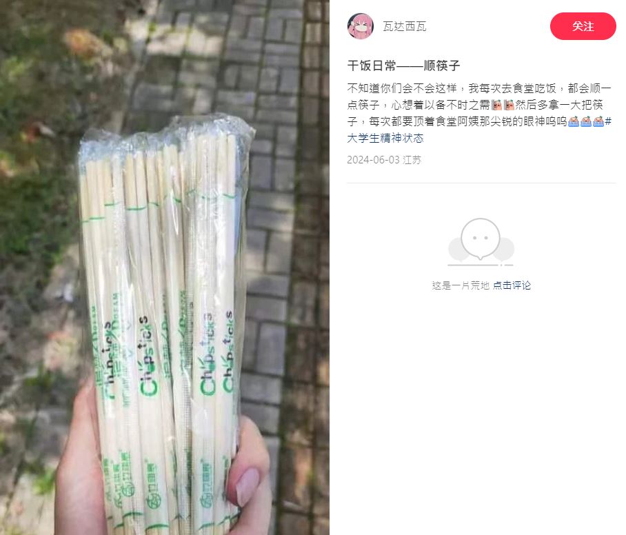 小红书常有自称大学生的网民，炫耀在饭堂拿取大量外卖筷子。