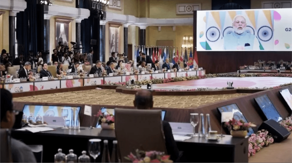 G20外長會議在印度新德里舉行，印度總理莫迪致詞。 美聯社