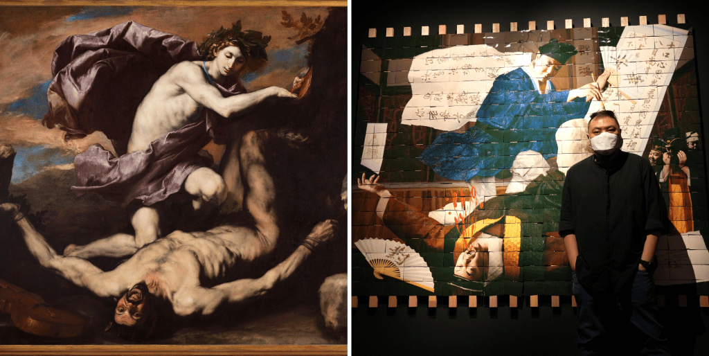 視覺藝術家周俊輝（右）以《阿波羅與瑪爾敍阿斯》（左）為靈感，二創了全新的《唐伯虎點秋香》（右）。