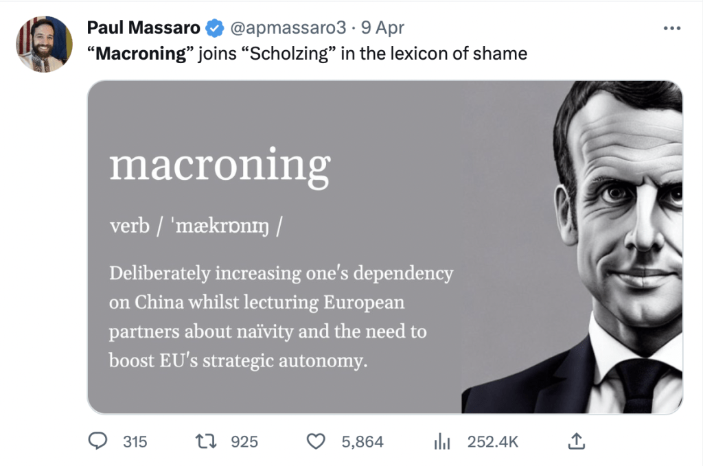 推特上大量人转发这张讽刺马克龙的「macroning」恶搞图。